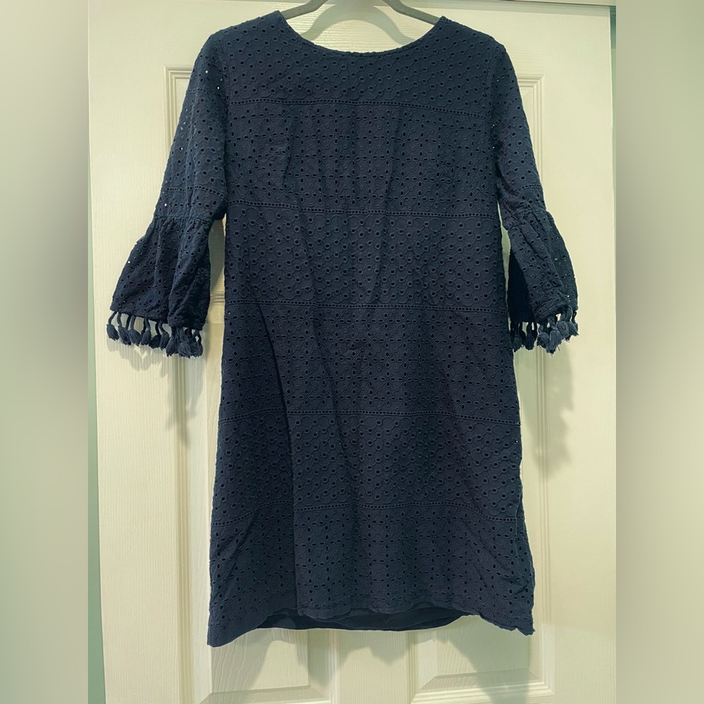 RUBY RD Navy Blue Eyelet Dress with Tassel Bell Sleeves M